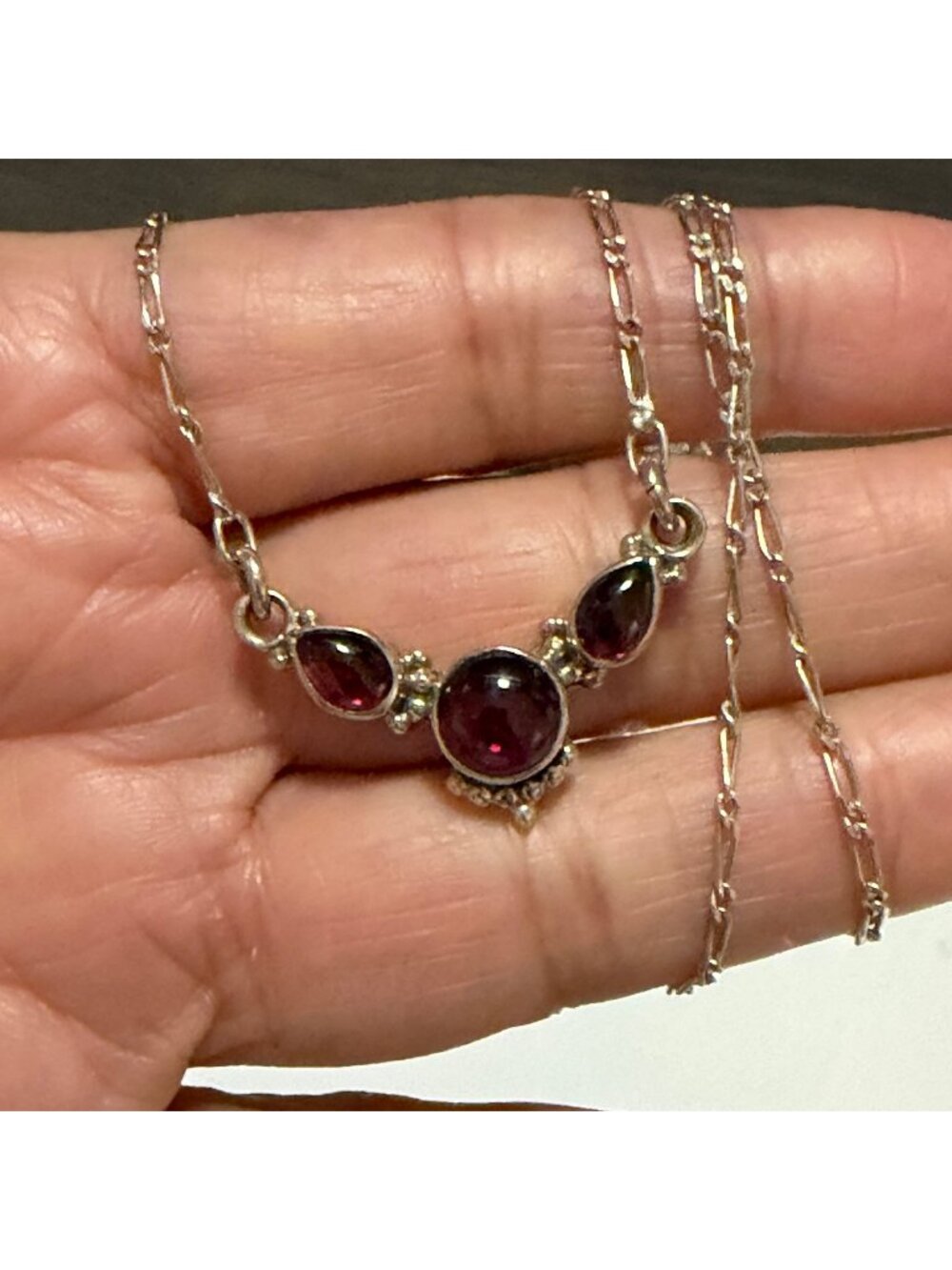 Genuine Garnet Cabochon 3-Stone Sterling Silver Fine Chain Necklace Italy 16"